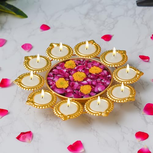 Webelkart Premium Diya Shape Gold Plated Decorative Urli Bowl with Wax Candle for Home Decor Handcrafted Bowl Diwali Decor Item (10" Inches) - Image 1