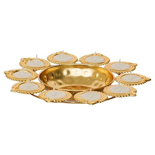 Webelkart Premium Diya Shape Gold Plated Decorative Urli Bowl with Wax Candle for Home Decor Handcrafted Bowl Diwali Decor Item (10" Inches) - Image 5