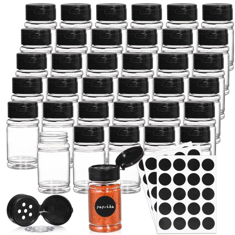 Tosnail 36 Pack 27 Oz Small Plastic Spice Bottles with Black Shaker Lids and Labels Empty Plastic Jars with Lids Seasoning Shaker Containers for Travel Camping Glitter Gift Party Favors Clear - Image 2