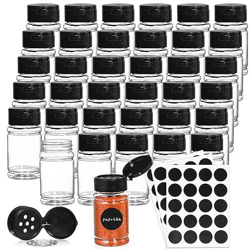 Tosnail 36 Pack 27 Oz Small Plastic Spice Bottles with Black Shaker Lids and Labels Empty Plastic Jars with Lids Seasoning Shaker Containers for Travel Camping Glitter Gift Party Favors Clear - Image 1