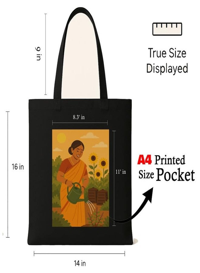 Megrok Eco Warrior Tote Bag for Women | Front A4 Size Printed Pocket | 16x14 Inch Conservation Cotton Bag | Anti-Plastic Message Design - Image 3