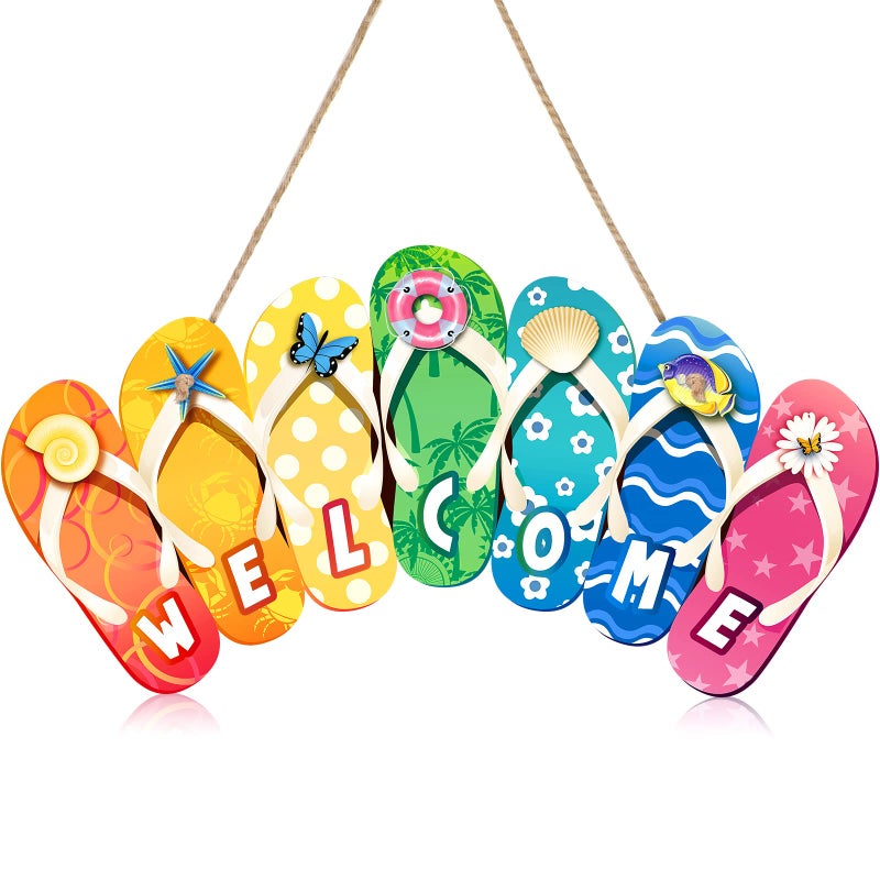 Summer Slippers Hanging Sign Shape Welcome Hello Flip Flop Wooden Door Plaque Rustic Wall Sign Yard Indoor Outdoor Garden Decoration with Rope Welcome