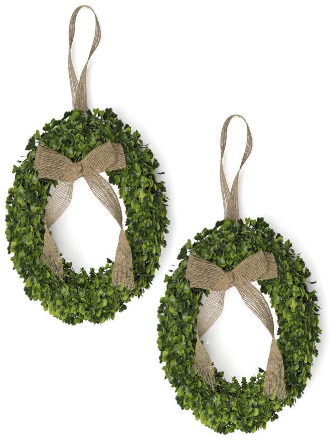 Barnyard Designs Set of 2 (12") Artificial Boxwood Wreaths with Burlap Ribbon, Decorative Indoor/Outdoor Faux Greenery for Front Door, Wall or Window, Farmhouse Home Décor - Image 1