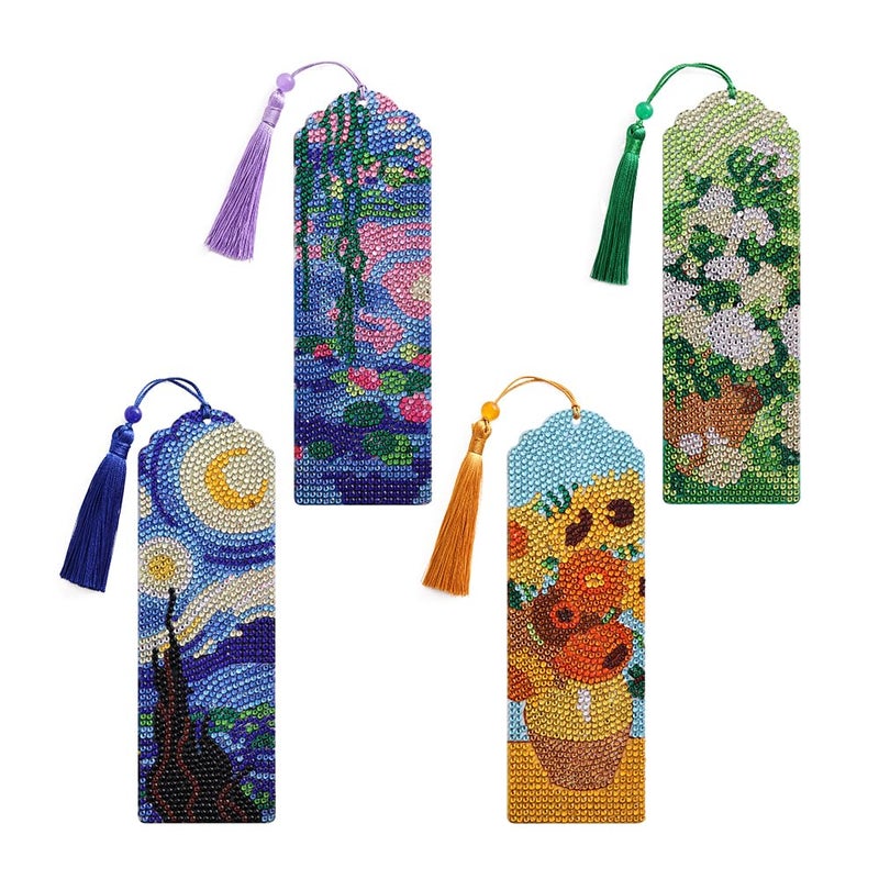 icceemee 4 pcs Oil Painting Themes Diamond Painting Bookmarks, DIY Diamond Art Kits for Adults, Book Corner - Protecting Bookmark Craft Supplies Kits for Book Lovers (Oil Painting) - Image 1