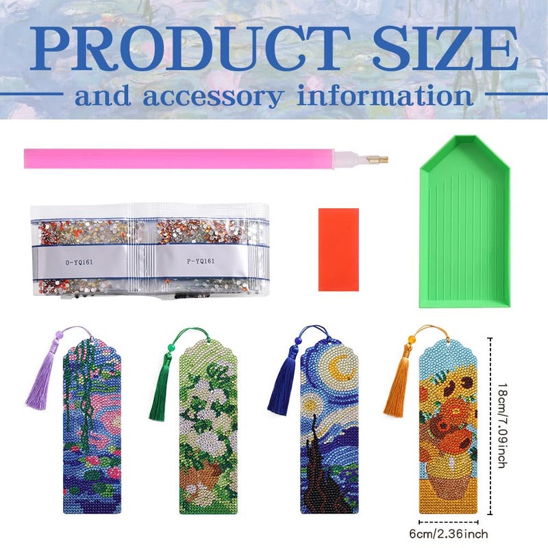 icceemee 4 pcs Oil Painting Themes Diamond Painting Bookmarks, DIY Diamond Art Kits for Adults, Book Corner - Protecting Bookmark Craft Supplies Kits for Book Lovers (Oil Painting) - Image 2