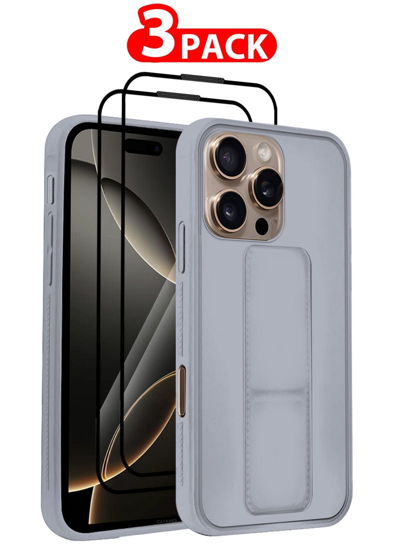 CATANES ( for iPhone 16 Pro ) 3 Pack, 1 Case and 2 Screen Protectors Premium PU Leather Case with Stand Function Shockproof and Anti Scratch Finger Grip Case Cover / Grey - Image 1