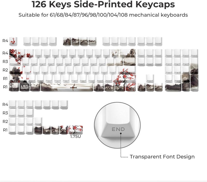 HITIME XVX PBT Keycaps - Side Print, Shine Through Custom, Retro Keycap Set, 128 Cherry Profile Keys for Mechanical Keyboards, Plum Blossom - Image 4
