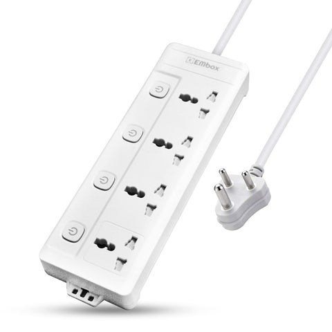 EMBOX 10A Extension Board with Individual SwitchMulti Plug Socket with 4 SocketsPower Strip Extension with Safety Shutter and Indicator18 mtr Extension Cord2500W