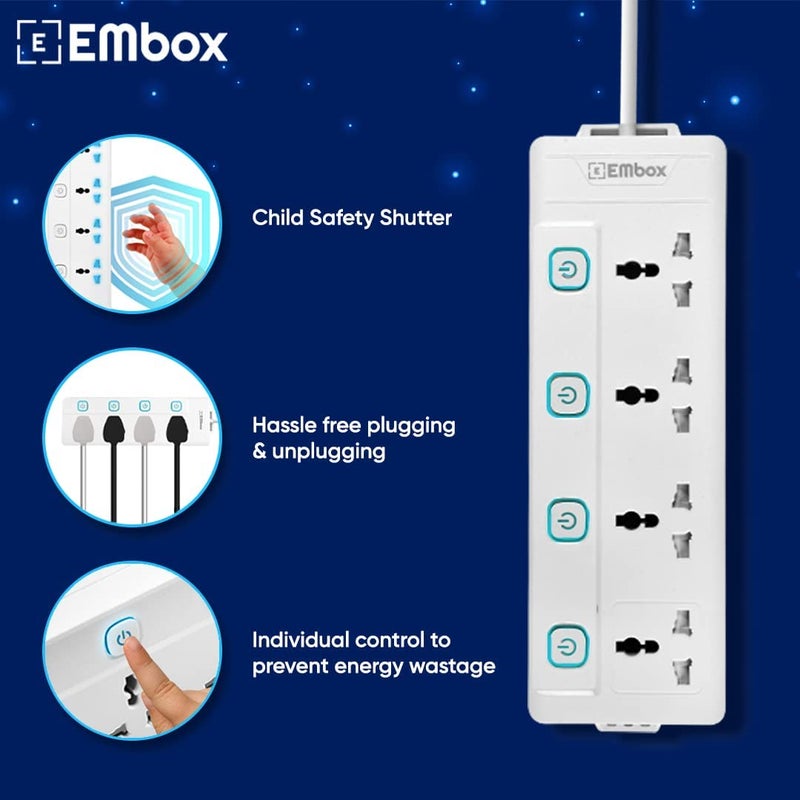 EMBOX EMBOX 10A Extension Board with Individual SwitchMulti Plug Socket with 4 SocketsPower Strip Extension with Safety Shutter and Indicator18 mtr Extension Cord2500W  - Image 4