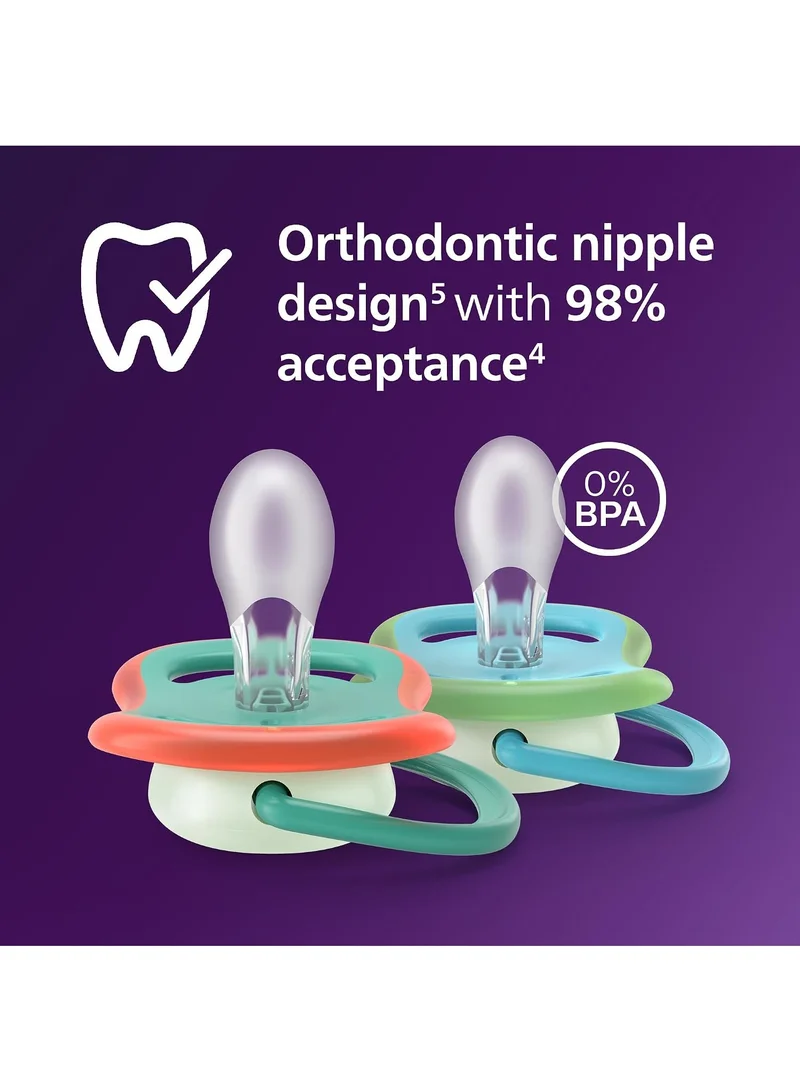 Philips Avent Philips Avent Ultra Air Nighttime Pacifiers - Orthodontic Design, for Babies 6-18 Months, Glow in The Dark, Soft Silicone Symmetrical, BPA-Free, with 2 Sterilizing Cases, 4 Pack, SCF376/28
