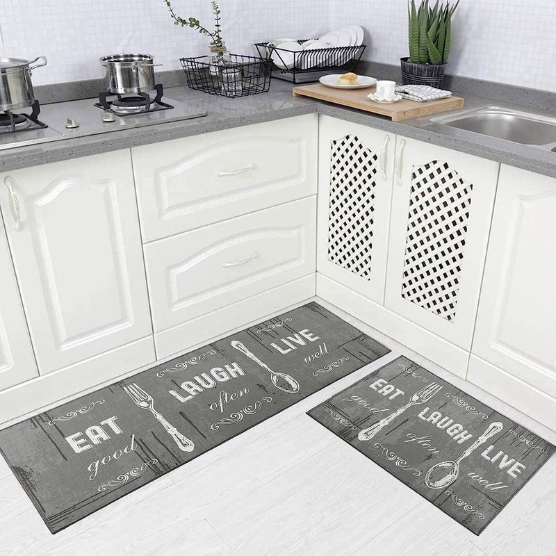 Carvapet 2 Piece Kitchen Rug Set NonSlip Backing Mat Throw for Doormat Runner Set Motto Design Grey 17x4817x24