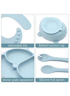 Snowie Soft Set Of 6 Silicone Food Plate With Suction Cup Bpa Free Tableware For Kids Includes Food Plate Bib Bowl Water Cup Spoon And Fork For Kids Silicone Food Plate Set For Kids Blue  - Image 3