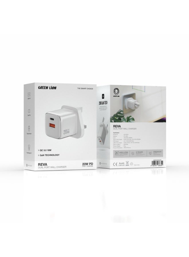 GREEN LION Reva Dual Port Wall GaN Charger PD 20W & QC 18W Fast Charging with Charging Protection & Flame Retardant PC / USB-C & USB-A Ports - White - Image 2