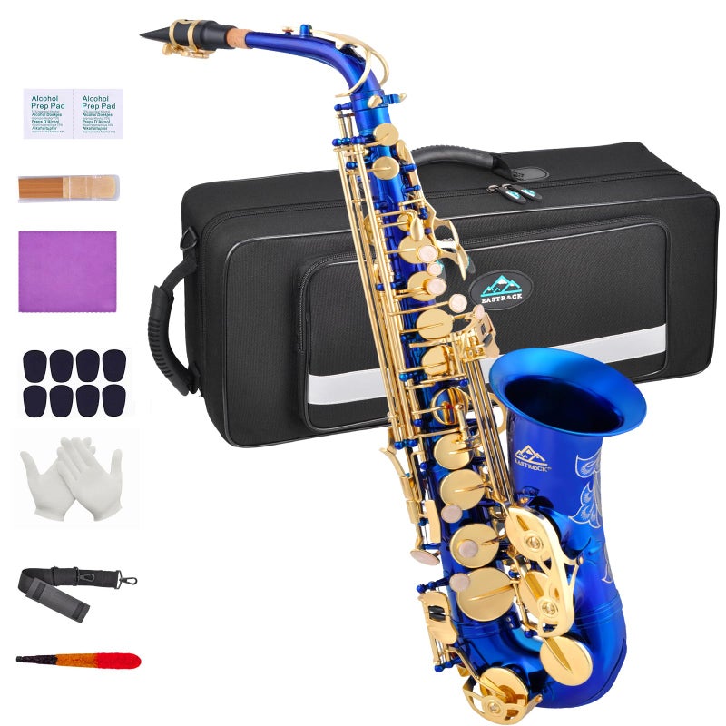 EASTROCK Dark BlueGolden Alto Saxophone E Flat Sax Full Kit for Students Beginner with Carrying CaseMouthpieceMouthpiece Cushion PadsCleaning ClothCleaning RodWhite GlovesNeck Strap