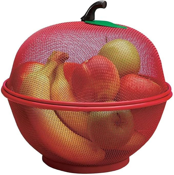 RINKIFY Fruit Basket with Lid Net Cover -Apple Shaped Big Steel Size for Dining, Kitchen & Home - Protective Food Storage Basket Strainer for Fruits, Vegetables, Kitchen Accessories (Red) - Image 1