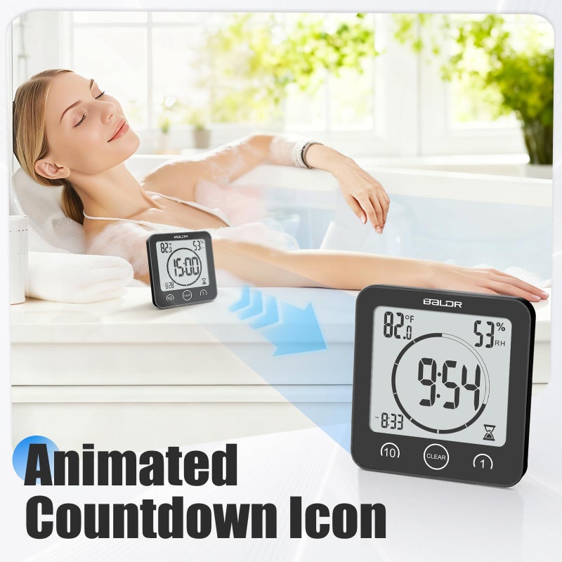 Baldr Shower Clock Waterproof Bathroom Clock with Timer/Temperature/Humidity, Digital Timers for Kids and Adults, Bath Kitchen Study, Black - Image 3