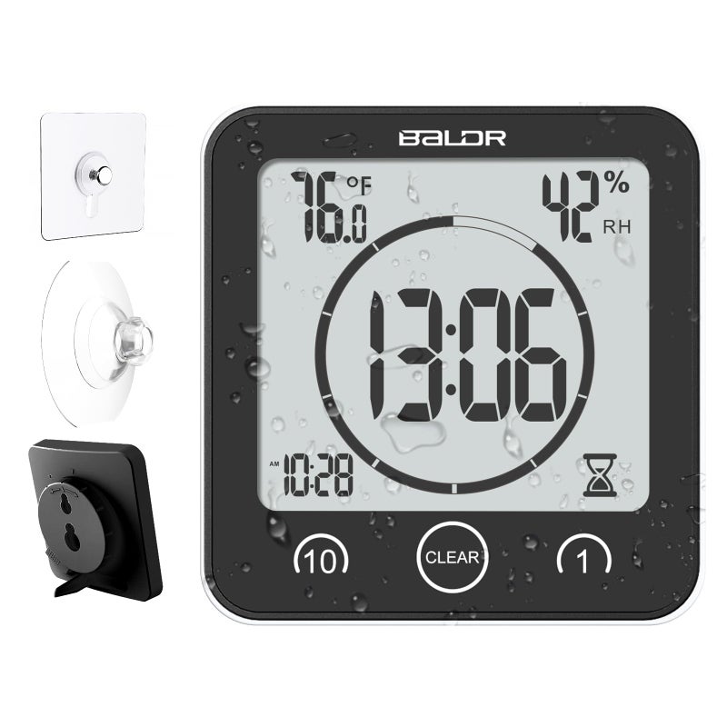 Baldr Shower Clock Waterproof Bathroom Clock with Timer/Temperature/Humidity, Digital Timers for Kids and Adults, Bath Kitchen Study, Black - Image 1