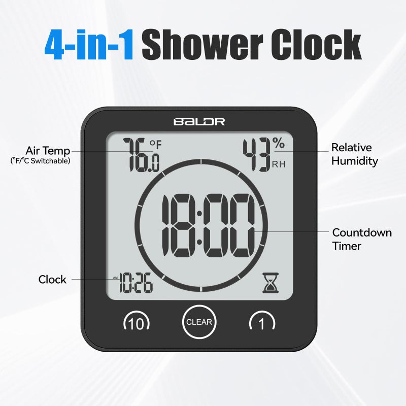 Baldr Shower Clock Waterproof Bathroom Clock with Timer/Temperature/Humidity, Digital Timers for Kids and Adults, Bath Kitchen Study, Black - Image 2