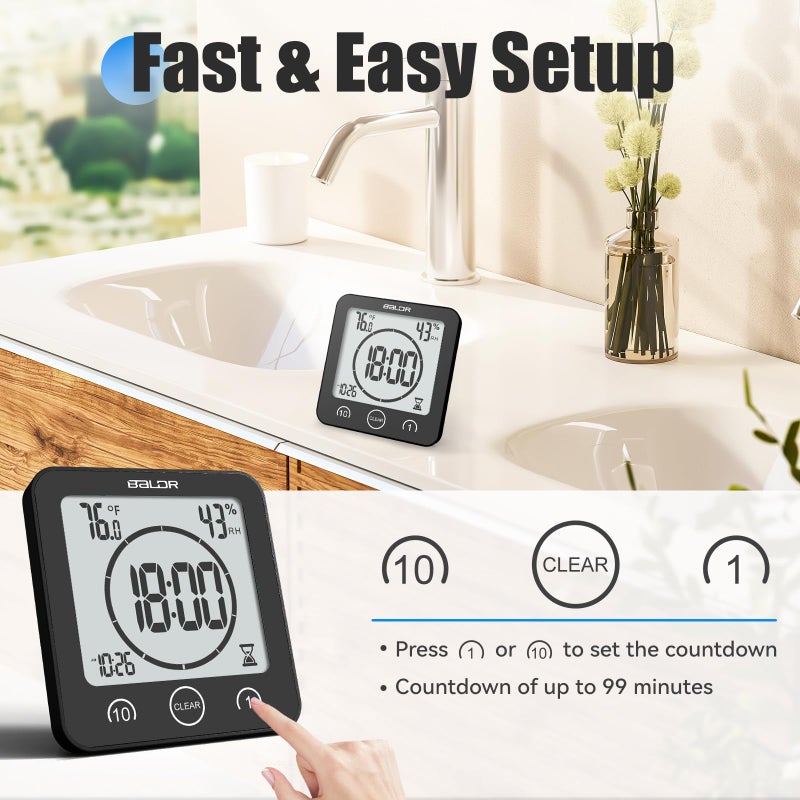 Baldr Shower Clock Waterproof Bathroom Clock with Timer/Temperature/Humidity, Digital Timers for Kids and Adults, Bath Kitchen Study, Black - Image 4