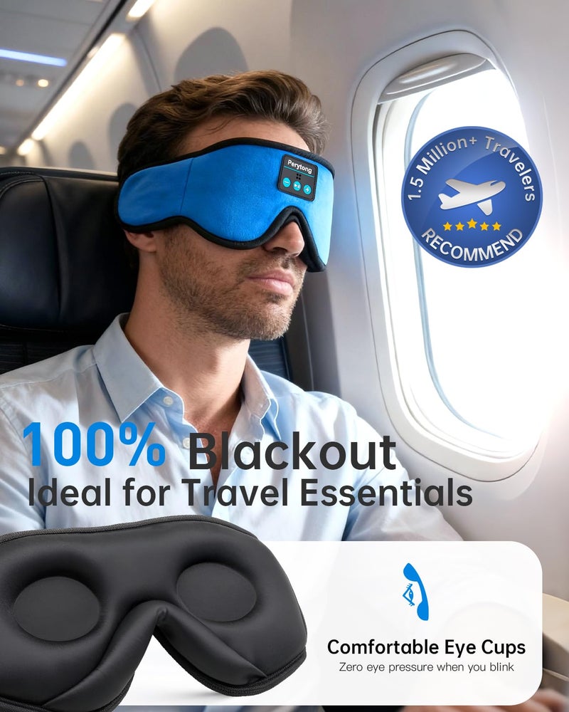 Perytong Sleep Mask with Bluetooth 5.4 Headphones, Wireless Music Sleep Eye Mask for Side Sleepers, 3D Contoured Comfort & Built-in HD Stereo Earphones, Blackout for Travel (Bright Blue) - Image 3