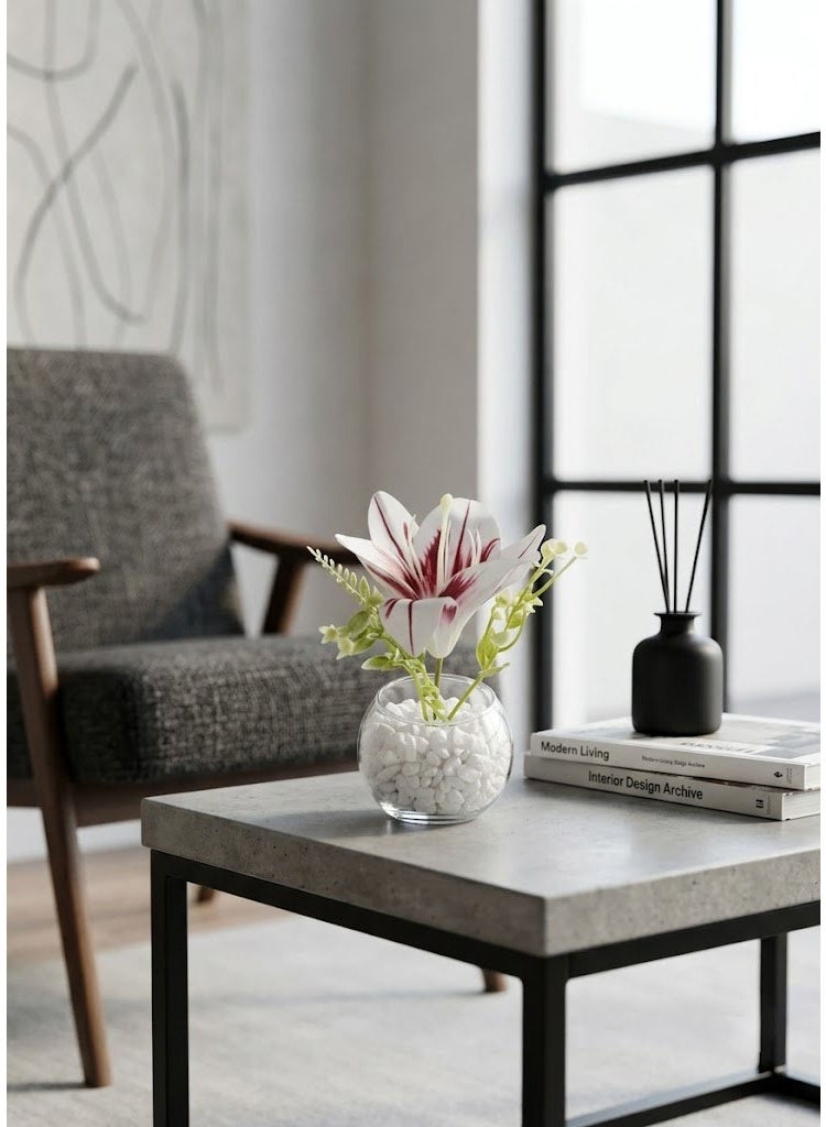 co arma Artificial lily flower in a spherical glass vase with white pebbles, 15 cm high and 6 cm in diameter - Image 1