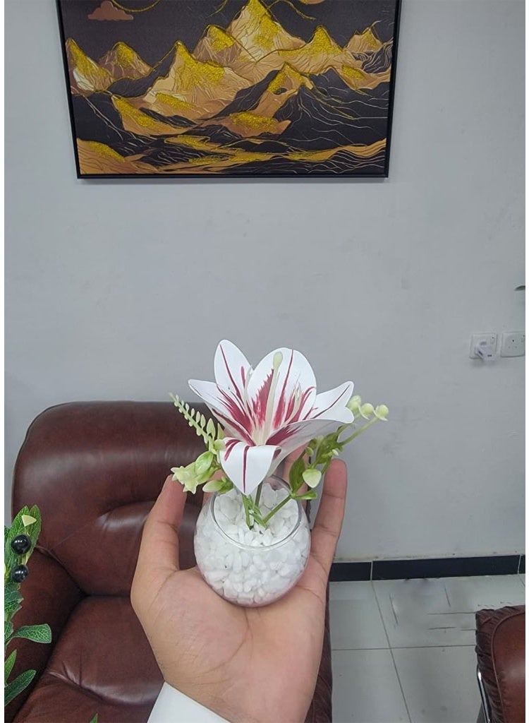 co arma Artificial lily flower in a spherical glass vase with white pebbles, 15 cm high and 6 cm in diameter - Image 2