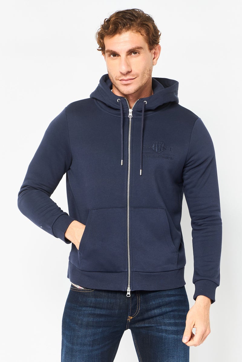 GANT Men Embroidered Logo Long Sleeve Hoodie, Navy - Image 1