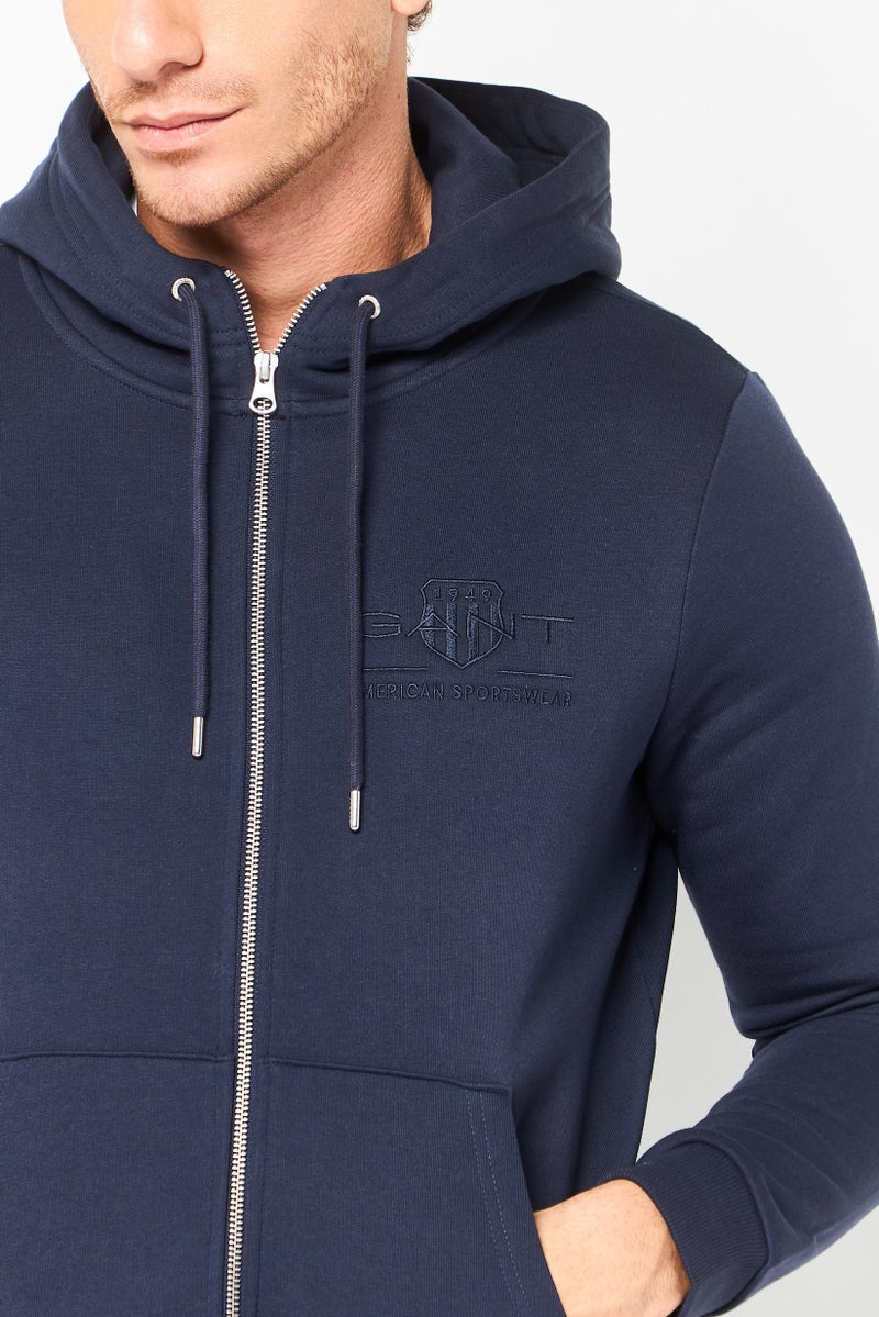 GANT Men Embroidered Logo Long Sleeve Hoodie, Navy - Image 3
