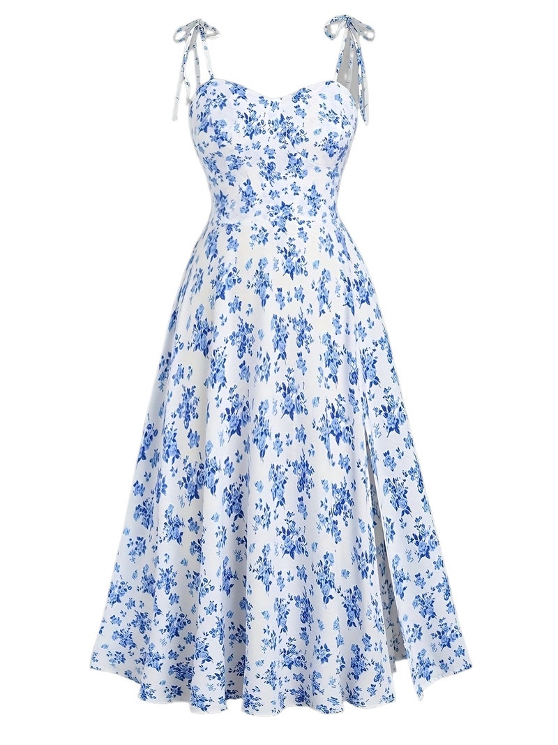 Fashionable Women'S Floral A-Line Dress with a Split Hem, Thin Shoulder Straps, And a Bow Tie Detail - Image 1