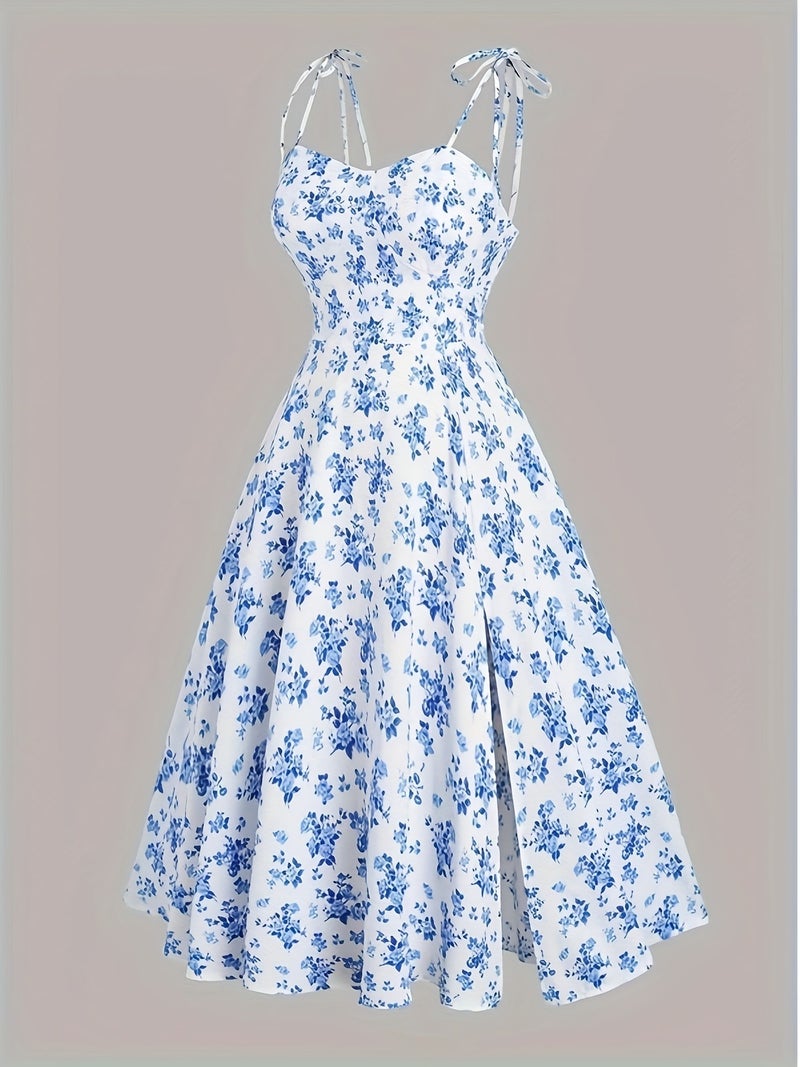 Fashionable Women'S Floral A-Line Dress with a Split Hem, Thin Shoulder Straps, And a Bow Tie Detail - Image 2