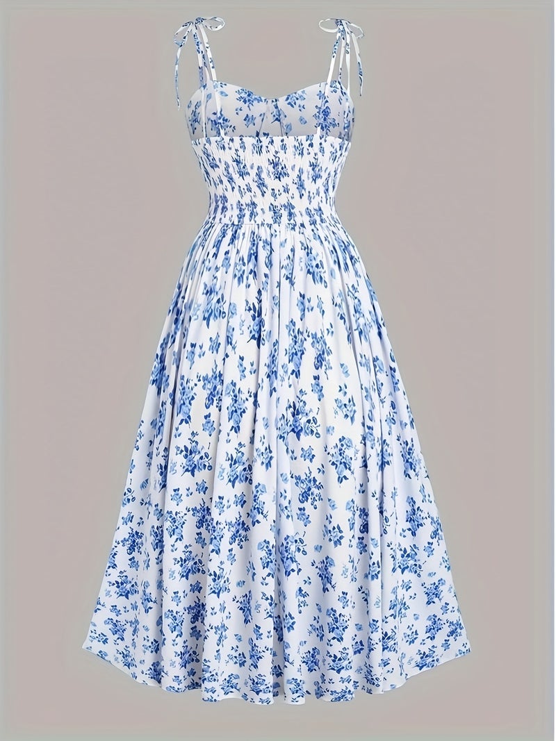 Fashionable Women'S Floral A-Line Dress with a Split Hem, Thin Shoulder Straps, And a Bow Tie Detail - Image 3