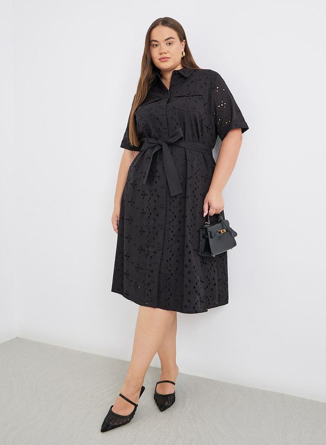 Styli Plus Size Broderie Anglaise Shirt Midi Dress - Image 1