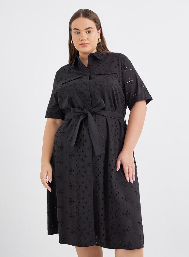 Styli Plus Size Broderie Anglaise Shirt Midi Dress - Image 3
