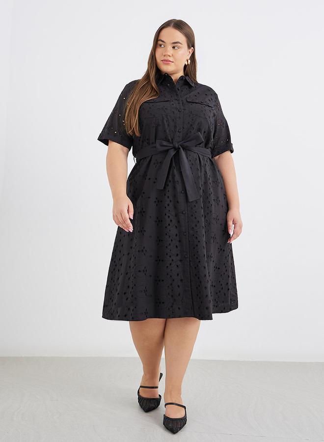 Styli Plus Size Broderie Anglaise Shirt Midi Dress - Image 2