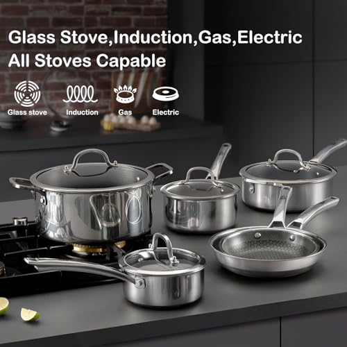 SNOWCLAD Pots and Pans Set Non Stick, 10 Pcs Hybrid Stainless Steel Cookware Sets, Non Stick Frying Pans, Saucepans, Saute Pan & Stock Pot, PFOA Free Kitchen Skillet,Induction Compatible - Image 5