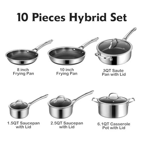 SNOWCLAD Pots and Pans Set Non Stick, 10 Pcs Hybrid Stainless Steel Cookware Sets, Non Stick Frying Pans, Saucepans, Saute Pan & Stock Pot, PFOA Free Kitchen Skillet,Induction Compatible - Image 4