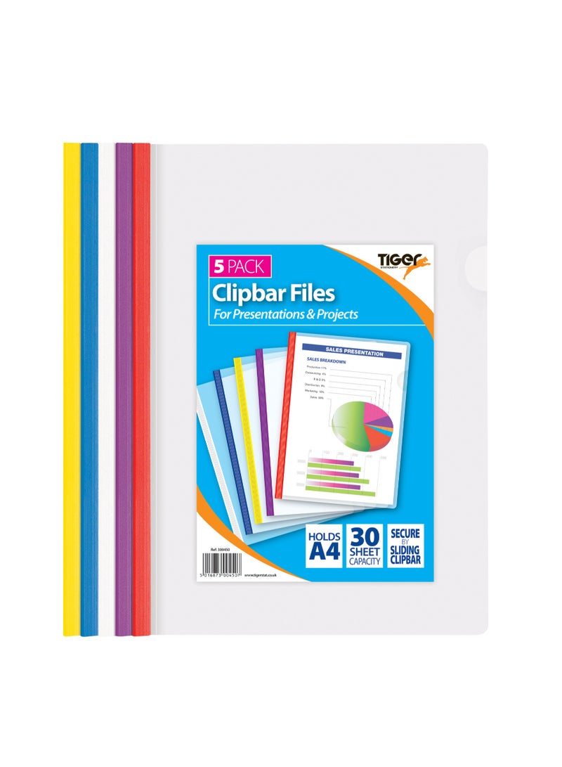 A4 Filing, Clipbar Files Pack 5 30 Sheet capacity, For use with unpunched paper Easy opening thumb notch Assorted coloured clipbars