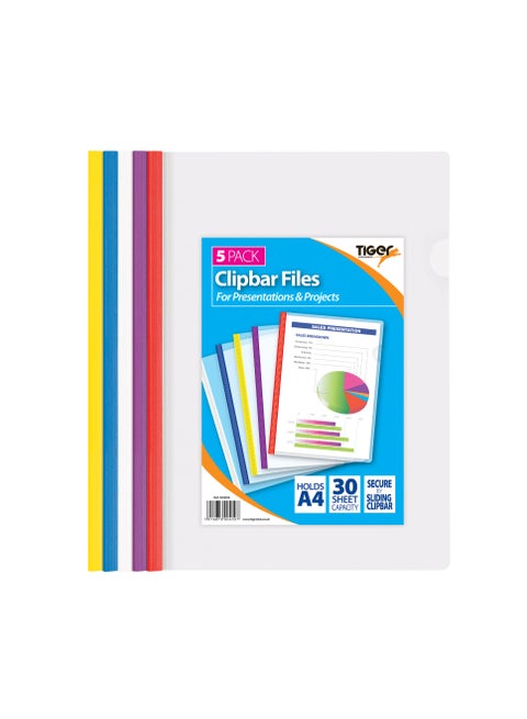 A4 Filing, Clipbar Files Pack 5 30 Sheet capacity, For use with unpunched paper Easy opening thumb notch Assorted coloured clipbars