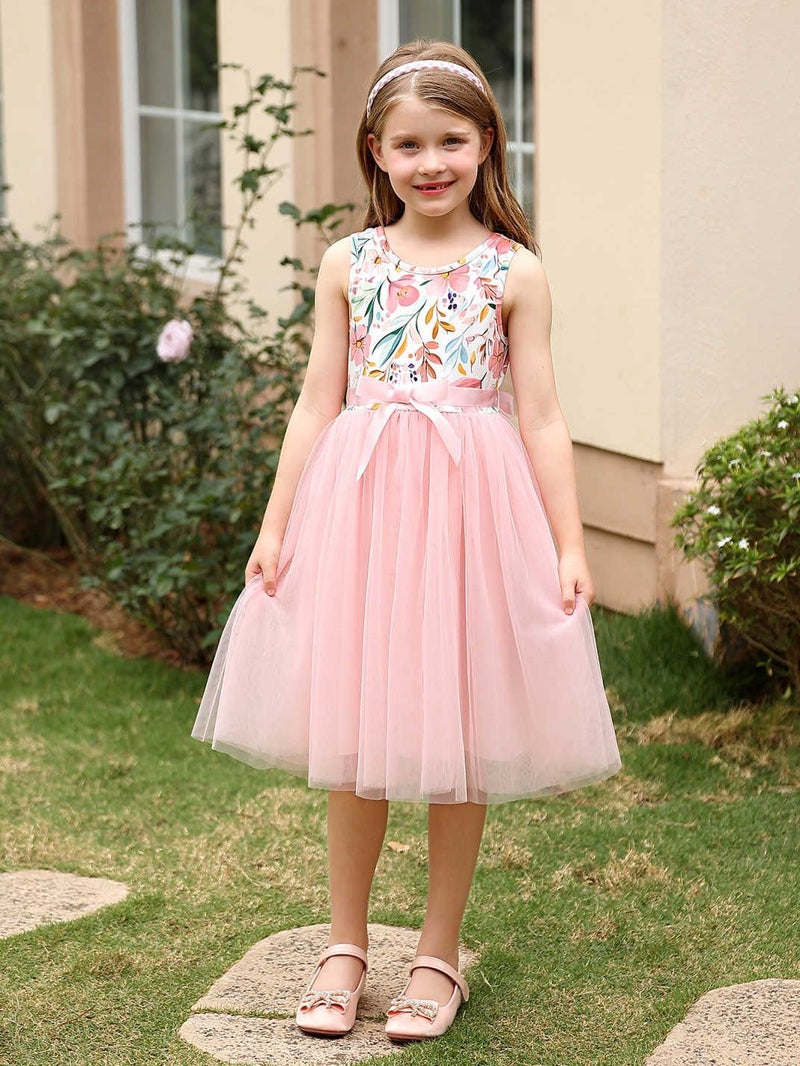 Style Girls Round Neck Sleeveless Printed Bow Dress Fashionable Tulle Princess Dress Children'S Clothing - Image 2