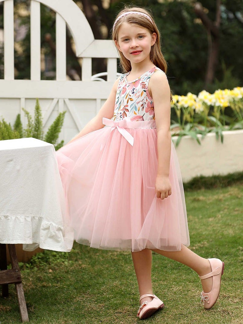 Style Girls Round Neck Sleeveless Printed Bow Dress Fashionable Tulle Princess Dress Children'S Clothing - Image 5