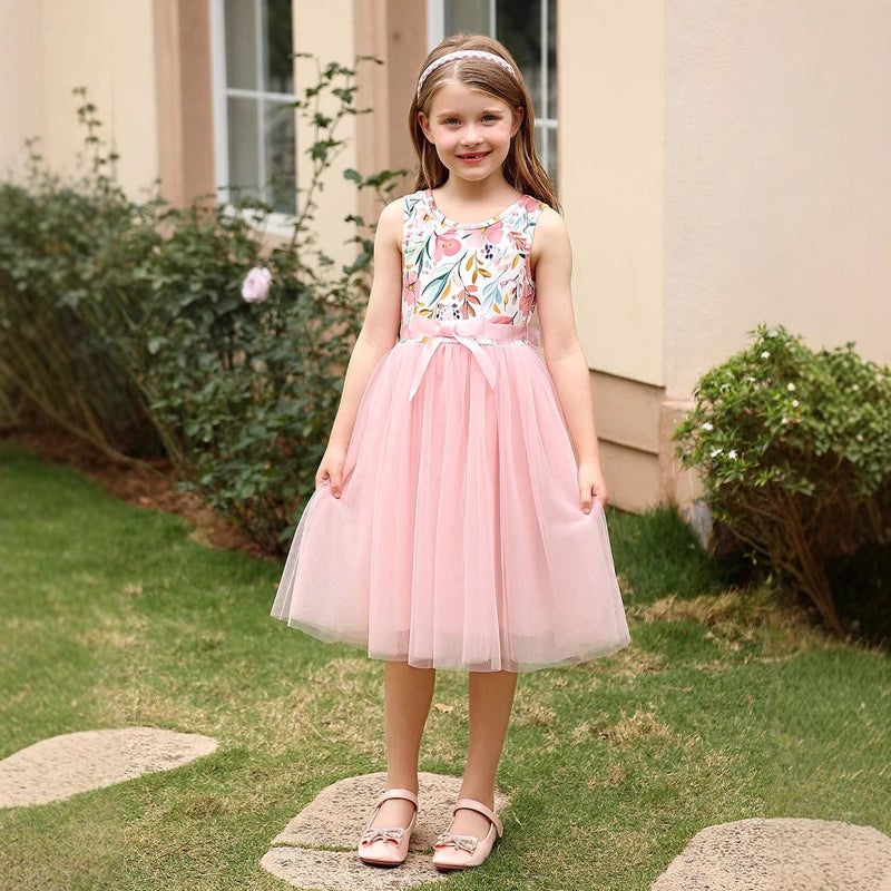 Style Girls Round Neck Sleeveless Printed Bow Dress Fashionable Tulle Princess Dress Children'S Clothing - Image 1