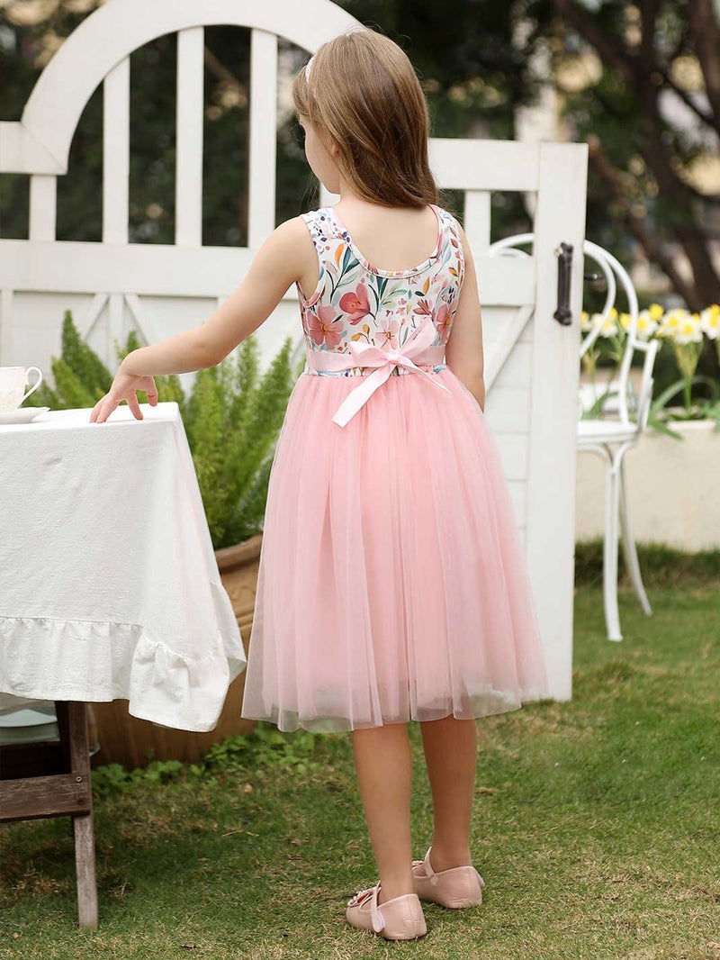 Style Girls Round Neck Sleeveless Printed Bow Dress Fashionable Tulle Princess Dress Children'S Clothing - Image 4