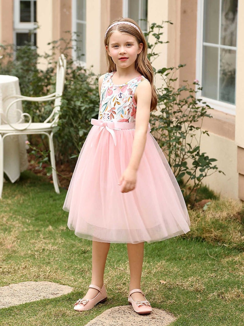 Style Girls Round Neck Sleeveless Printed Bow Dress Fashionable Tulle Princess Dress Children'S Clothing - Image 3