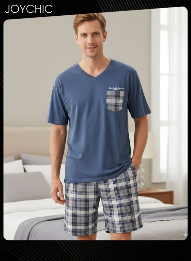 Joychic طقم بيجامة قطن حرير مودال صيفي للرجال بأكمام قصيرة وسروال قصير بنمط شبكي مريح وقابل للتنفس لملابس النوم في المنزل للمراهقين والرجال - Image 1
