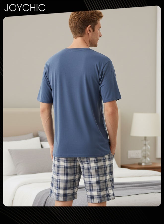 Joychic طقم بيجامة قطن حرير مودال صيفي للرجال بأكمام قصيرة وسروال قصير بنمط شبكي مريح وقابل للتنفس لملابس النوم في المنزل للمراهقين والرجال - Image 3
