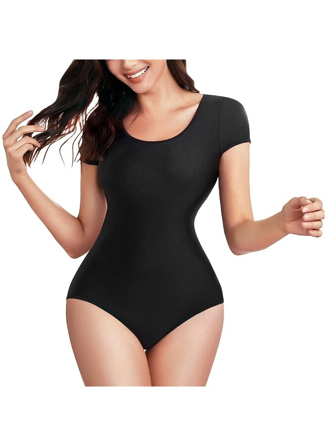 بدلة رقص نسائية بأكمام قصيرة من قطعة واحدة من قطعة واحدة من ملابس الرقص والجمباز مع تي شيرت برقبة دائرية (اللون: أسود، المقاس: كبير) - Image 1