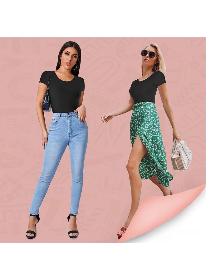 بدلة رقص نسائية بأكمام قصيرة من قطعة واحدة من قطعة واحدة من ملابس الرقص والجمباز مع تي شيرت برقبة دائرية (اللون: أسود، المقاس: كبير) - Image 4