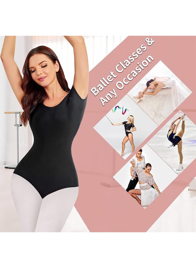 بدلة رقص نسائية بأكمام قصيرة من قطعة واحدة من قطعة واحدة من ملابس الرقص والجمباز مع تي شيرت برقبة دائرية (اللون: أسود، المقاس: كبير) - Image 5