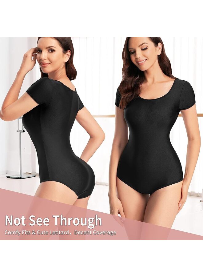 بدلة رقص نسائية بأكمام قصيرة من قطعة واحدة من قطعة واحدة من ملابس الرقص والجمباز مع تي شيرت برقبة دائرية (اللون: أسود، المقاس: كبير) - Image 2