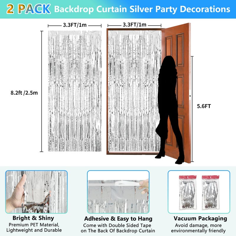 JEBUTU 2 Pack Foil Curtain Backdrop Curtains Silver Tinsel Door Streamers Birthday Party Decorations Photo Booth Props for Disco Party Graduation Wedding Baby Shower Bachelorette Christmas Gender Reveal - Image 2